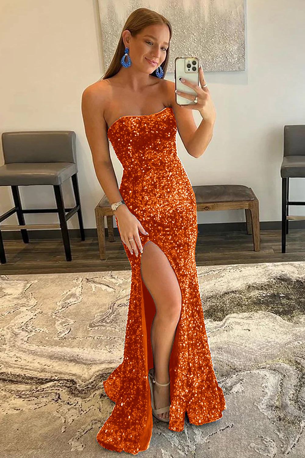 Orange Mermaid Strapless Sequins Long Prom Dress with Slit