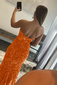 Orange Mermaid Strapless Sequins Long Prom Dress with Slit