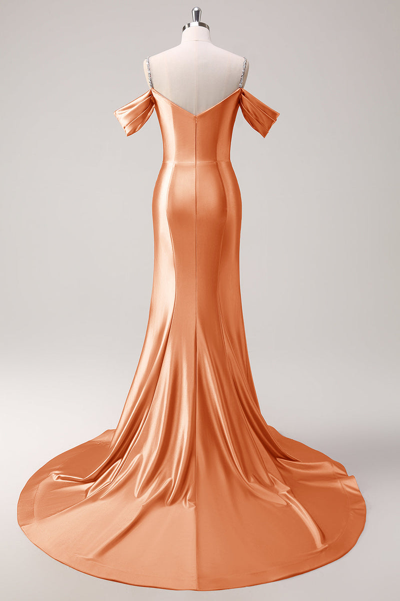 Load image into Gallery viewer, Golden Mermaid Cold Shoulder Sequined Ruched Long Prom Dress