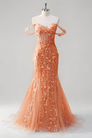 Load image into Gallery viewer, Off the Shoulder Blue Mermaid Sequin Floral Corset Prom Dress