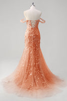 Load image into Gallery viewer, Off the Shoulder Blue Mermaid Sequin Floral Corset Prom Dress