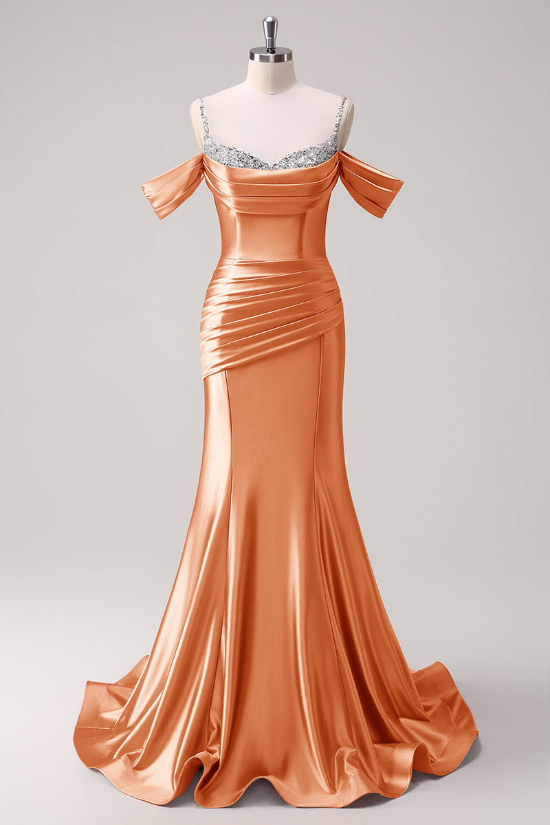 Load image into Gallery viewer, Golden Mermaid Cold Shoulder Sequined Ruched Long Prom Dress