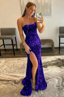 Load image into Gallery viewer, Orange Mermaid Strapless Sequins Long Prom Dress with Slit