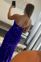 Load image into Gallery viewer, Orange Mermaid Strapless Sequins Long Prom Dress with Slit