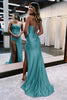 Load image into Gallery viewer, Dark Green Satin Mermaid Corset Prom Dress with Slit