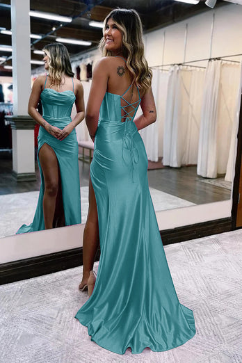 Dark Green Satin Mermaid Corset Prom Dress with Slit