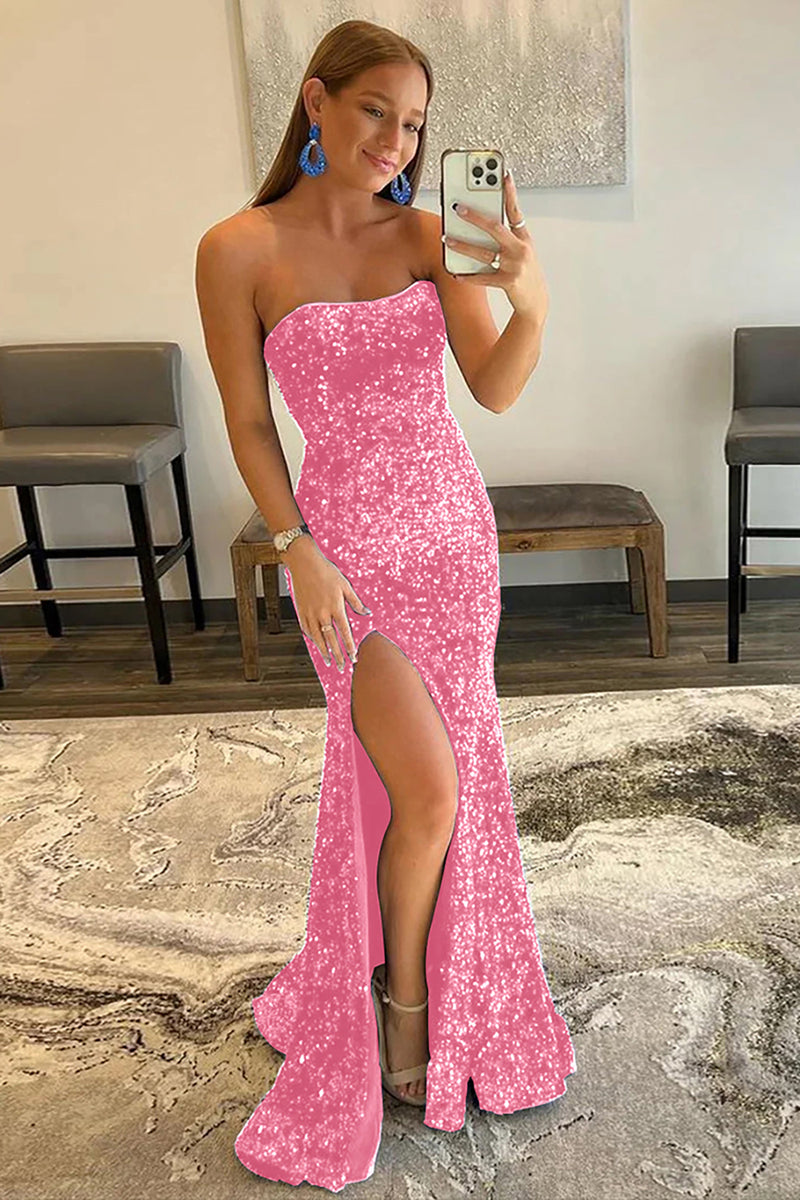 Load image into Gallery viewer, Orange Mermaid Strapless Sequins Long Prom Dress with Slit