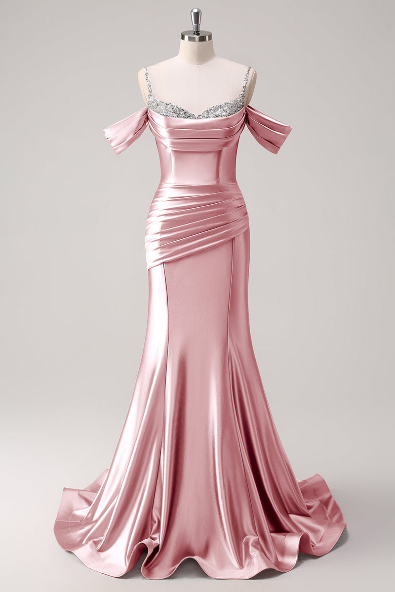 Load image into Gallery viewer, Golden Mermaid Cold Shoulder Sequined Ruched Long Prom Dress