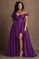 Load image into Gallery viewer, Plus Size Navy Off The Shoulder Satin Long Formal Dress with Slit