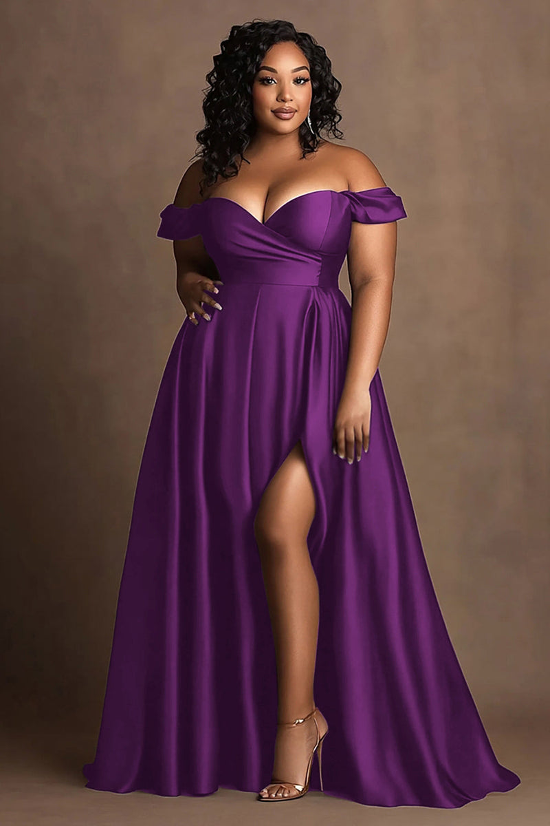 Load image into Gallery viewer, Plus Size Navy Off The Shoulder Satin Long Formal Dress with Slit