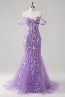 Load image into Gallery viewer, Off the Shoulder Blue Mermaid Sequin Floral Corset Prom Dress