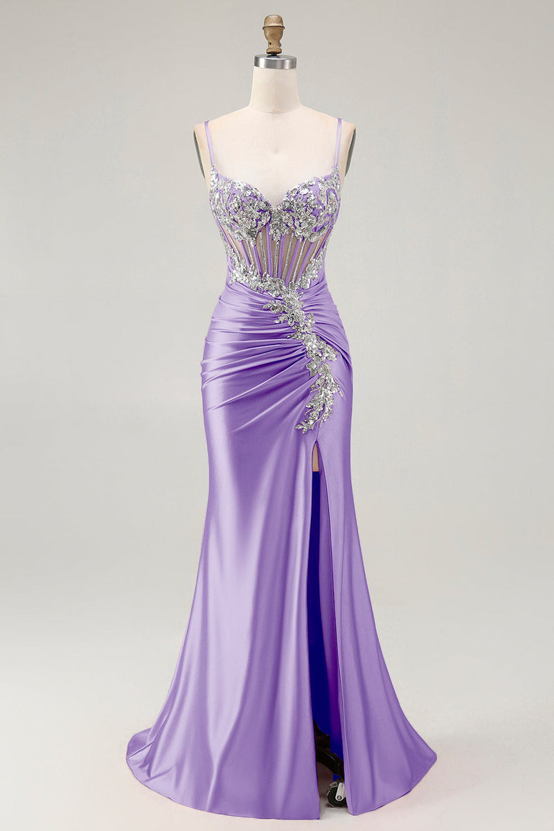 Load image into Gallery viewer, Grey Pink Spaghetti Straps Mermaid Long Prom Dress with Beading