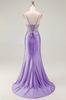 Load image into Gallery viewer, Grey Pink Spaghetti Straps Mermaid Long Prom Dress with Beading