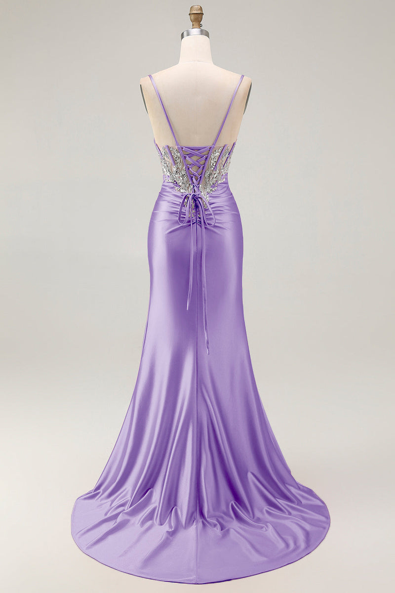Load image into Gallery viewer, Grey Pink Spaghetti Straps Mermaid Long Prom Dress with Beading