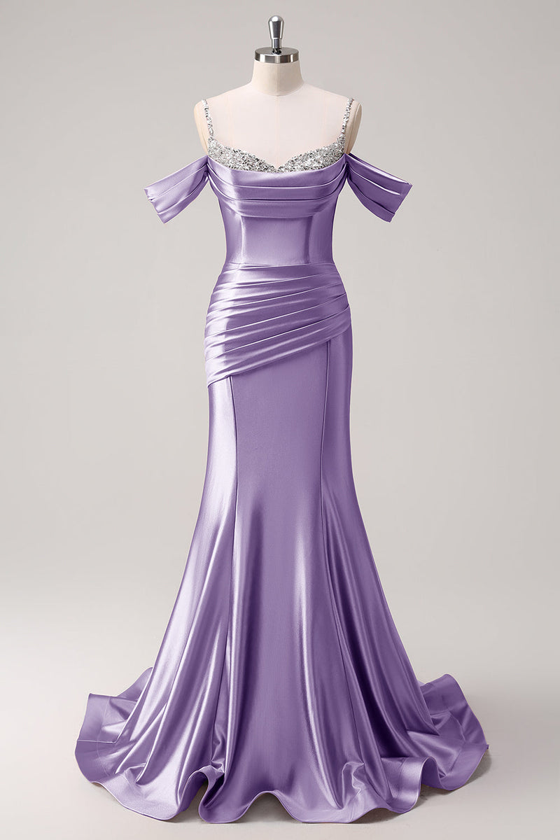 Load image into Gallery viewer, Golden Mermaid Cold Shoulder Sequined Ruched Long Prom Dress