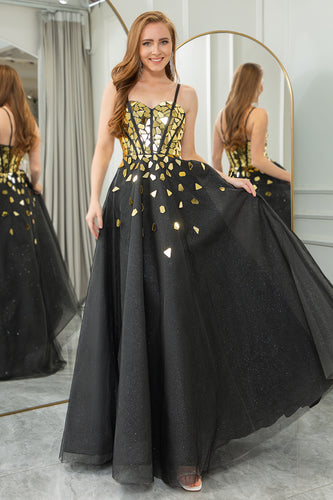 Black Golden A-line Tulle Spaghetti Straps Corset Prom Dress