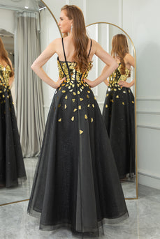 Black Golden A-line Tulle Spaghetti Straps Corset Prom Dress