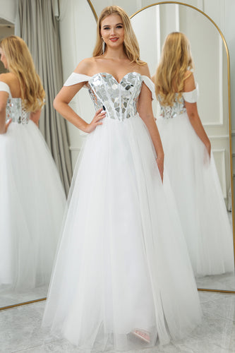 White A-line Off the Shoulder Tulle Corset Prom Dress