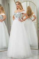Load image into Gallery viewer, White A-line Off the Shoulder Tulle Corset Prom Dress