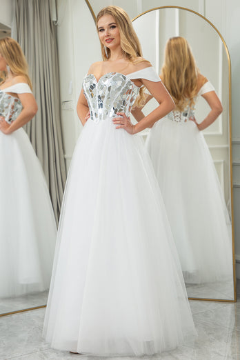 White A-line Off the Shoulder Tulle Corset Prom Dress