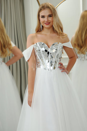 White A-line Off the Shoulder Tulle Corset Prom Dress