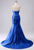 Load image into Gallery viewer, Sparkly Darrk Navy Mermaid Sweetheart Corset Long Prom Dress with Slit