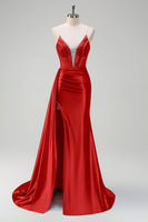 Load image into Gallery viewer, Navy Mermaid V Neck Corset Beaded Prom Dress with Slit