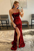 Load image into Gallery viewer, Orange Mermaid Strapless Sequins Long Prom Dress with Slit