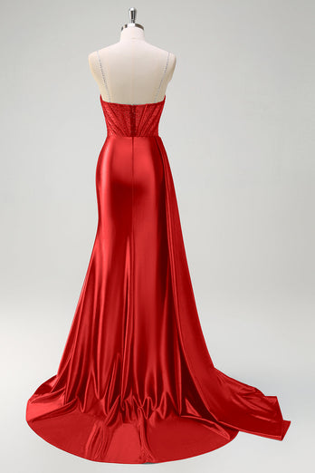 Navy Mermaid V Neck Corset Beaded Prom Dress with Slit