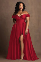 Load image into Gallery viewer, Plus Size Navy Off The Shoulder Satin Long Formal Dress with Slit