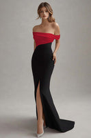 Load image into Gallery viewer, Matte Satin Sheath Off the Shoulder Black Tie Dress