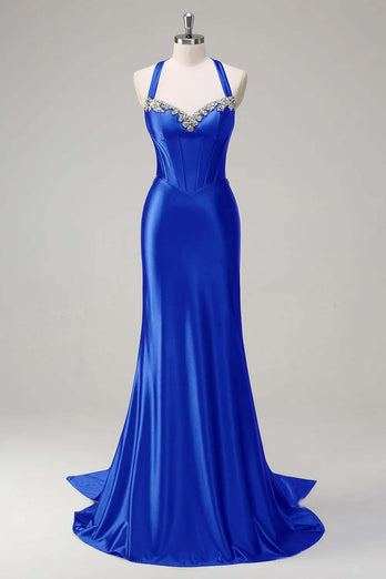 Dark Green Sparkly Beaded Corset Mermaid Spaghetti Straps Prom Dress