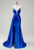 Load image into Gallery viewer, Navy Mermaid V Neck Corset Beaded Prom Dress with Slit
