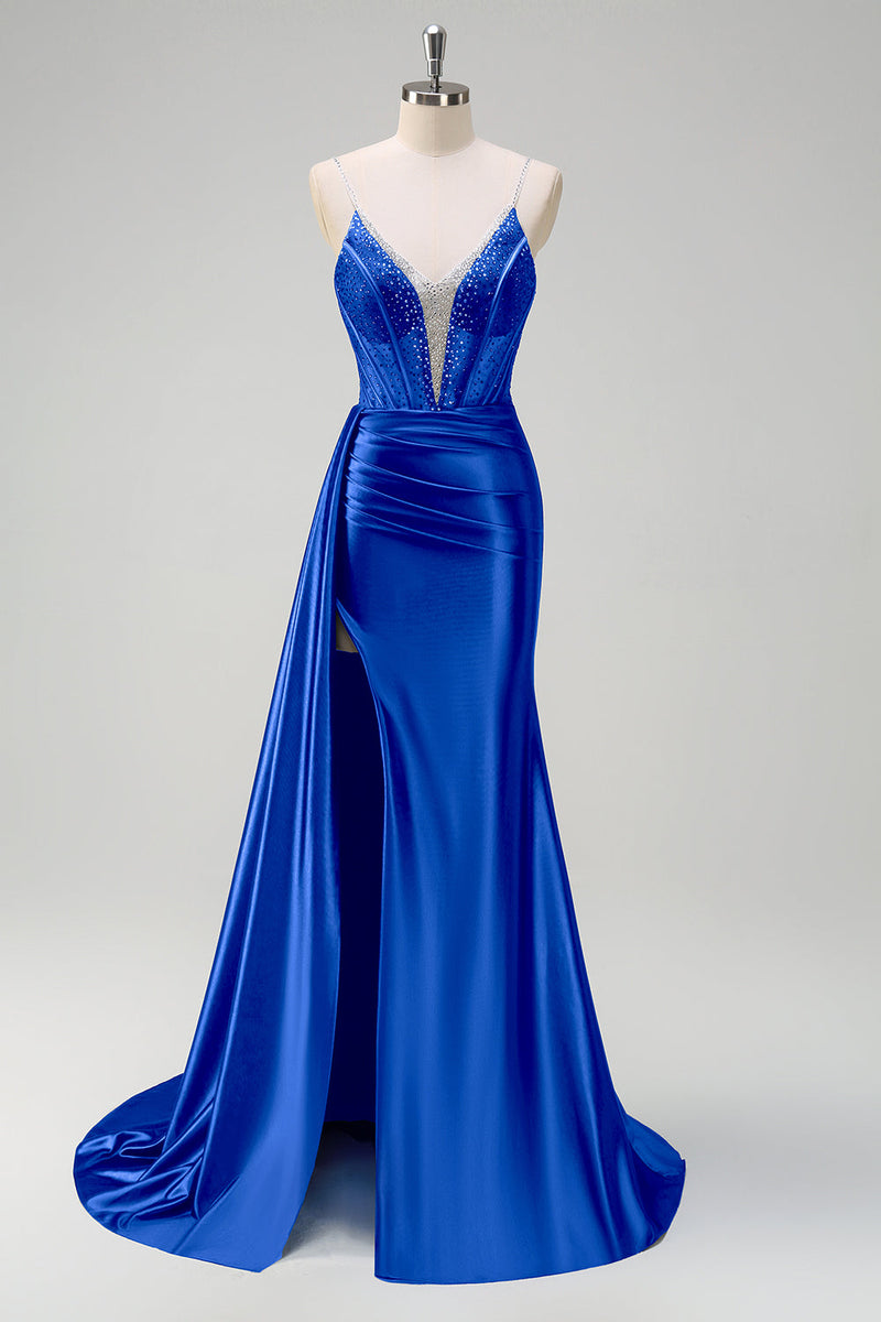 Load image into Gallery viewer, Navy Mermaid V Neck Corset Beaded Prom Dress with Slit