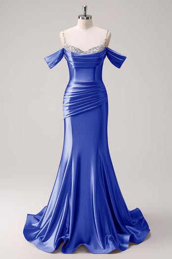 Golden Mermaid Cold Shoulder Sequined Ruched Long Prom Dress