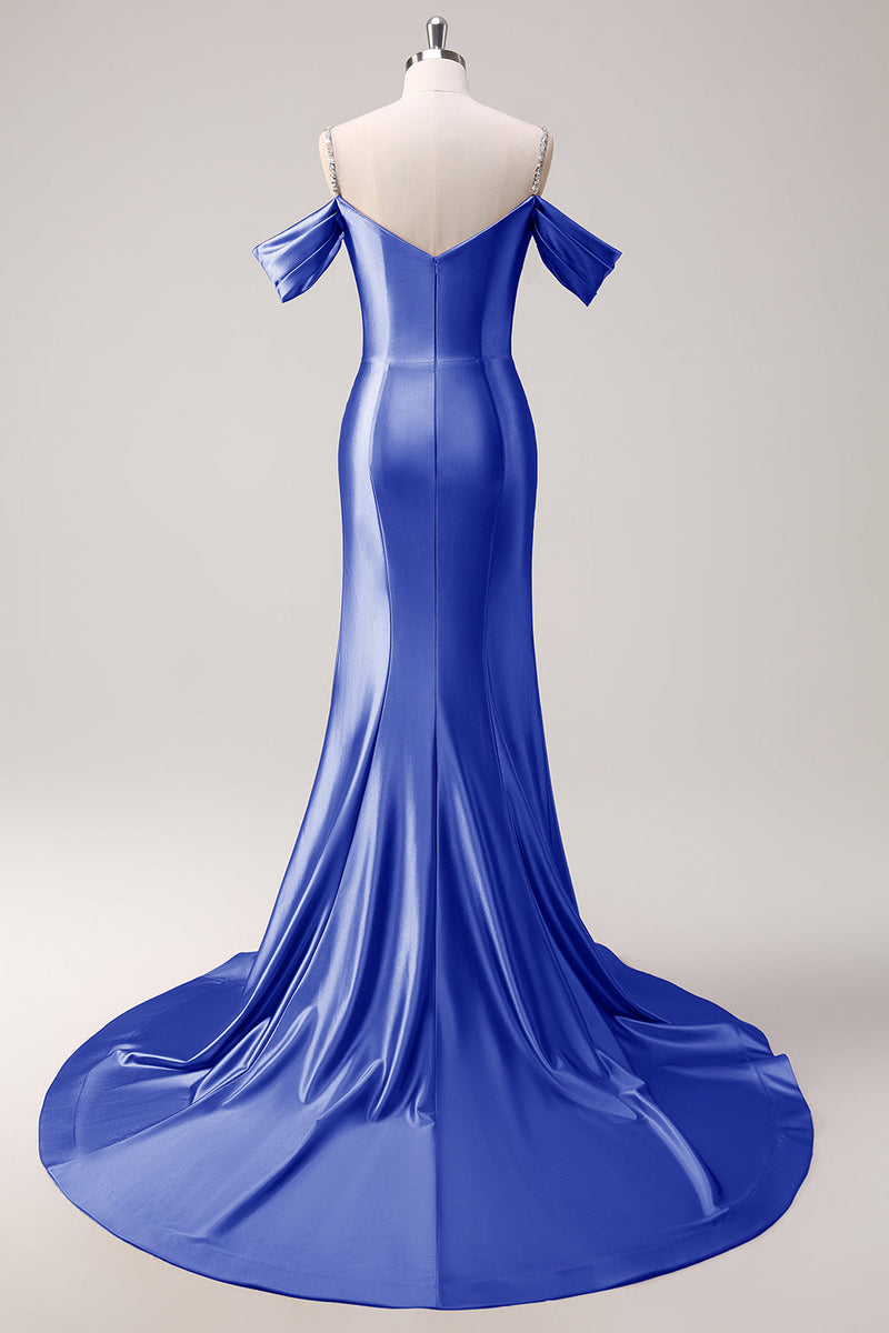 Load image into Gallery viewer, Golden Mermaid Cold Shoulder Sequined Ruched Long Prom Dress