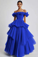 Load image into Gallery viewer, Dusty Sage Off The Shoulder A Line Ruffles Prom Dress