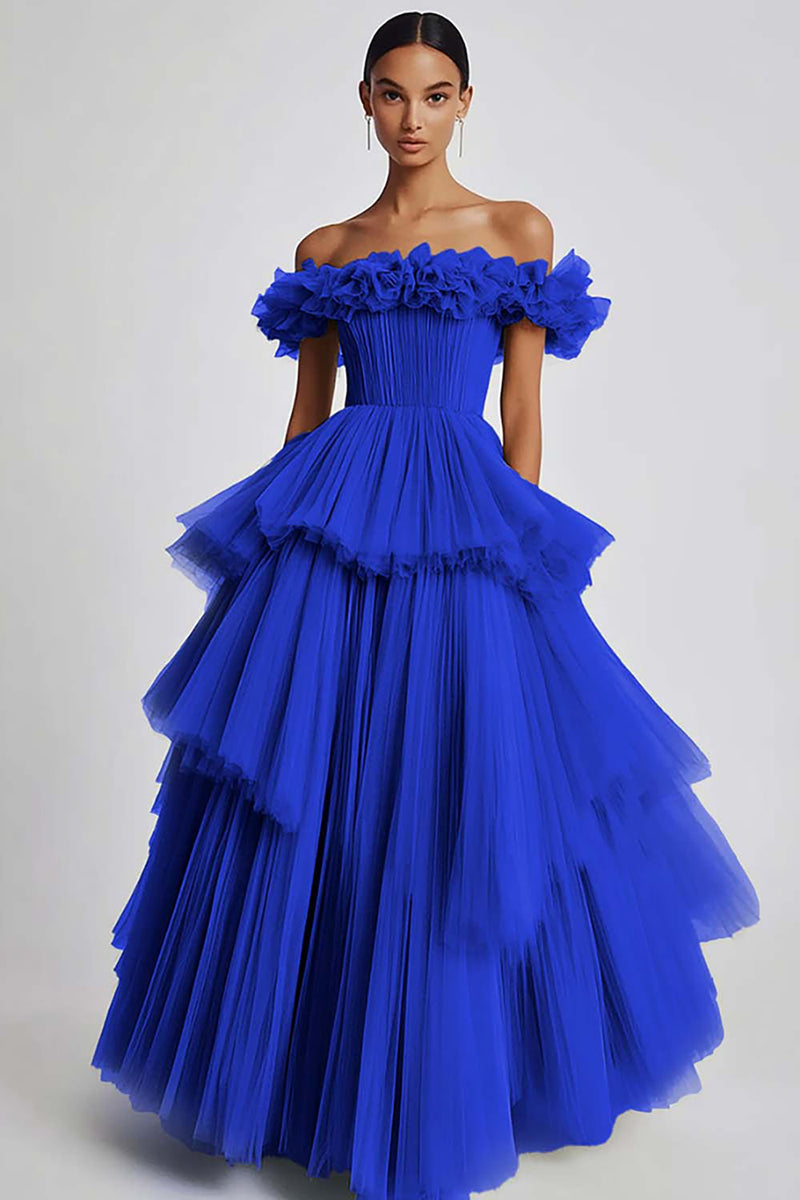 Load image into Gallery viewer, Dusty Sage Off The Shoulder A Line Ruffles Prom Dress