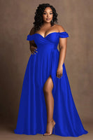Load image into Gallery viewer, Plus Size Navy Off The Shoulder Satin Long Formal Dress with Slit