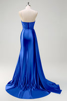 Load image into Gallery viewer, Navy Mermaid V Neck Corset Beaded Prom Dress with Slit