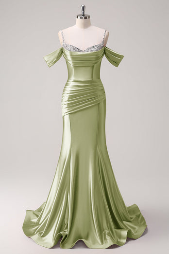 Golden Mermaid Cold Shoulder Sequined Ruched Long Prom Dress