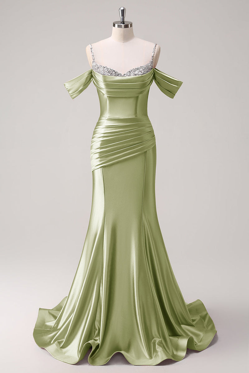 Load image into Gallery viewer, Golden Mermaid Cold Shoulder Sequined Ruched Long Prom Dress