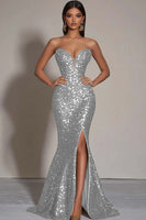 Load image into Gallery viewer, Sparkly Gold Sequins Strapless Mermaid Formal Dress with Slit