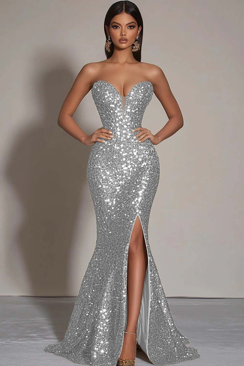 Load image into Gallery viewer, Sparkly Gold Sequins Strapless Mermaid Formal Dress with Slit