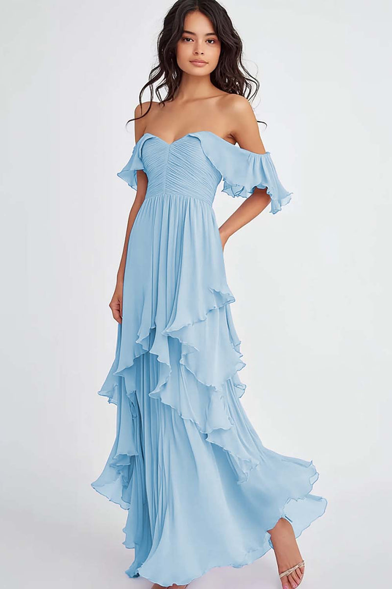 Load image into Gallery viewer, Ruffled Pleated Lilac Off the Shoulder A Line Formal Dress