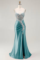 Load image into Gallery viewer, Grey Pink Spaghetti Straps Mermaid Long Prom Dress with Beading