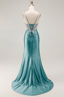 Load image into Gallery viewer, Grey Pink Spaghetti Straps Mermaid Long Prom Dress with Beading