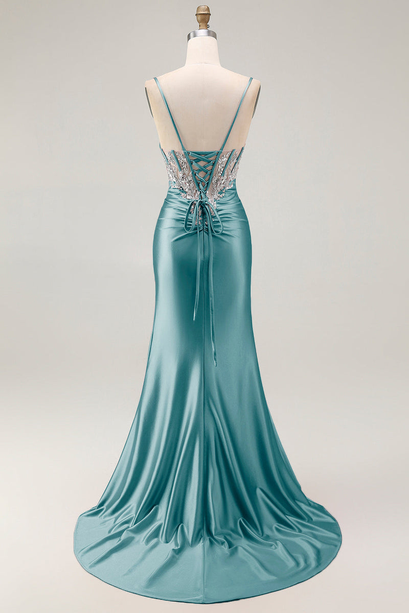Load image into Gallery viewer, Grey Pink Spaghetti Straps Mermaid Long Prom Dress with Beading