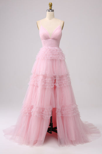 A Line Spaghetti Straps Pink Princess Prom Dress with Ruffles