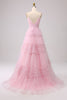 Load image into Gallery viewer, A Line Spaghetti Straps Pink Princess Prom Dress with Ruffles